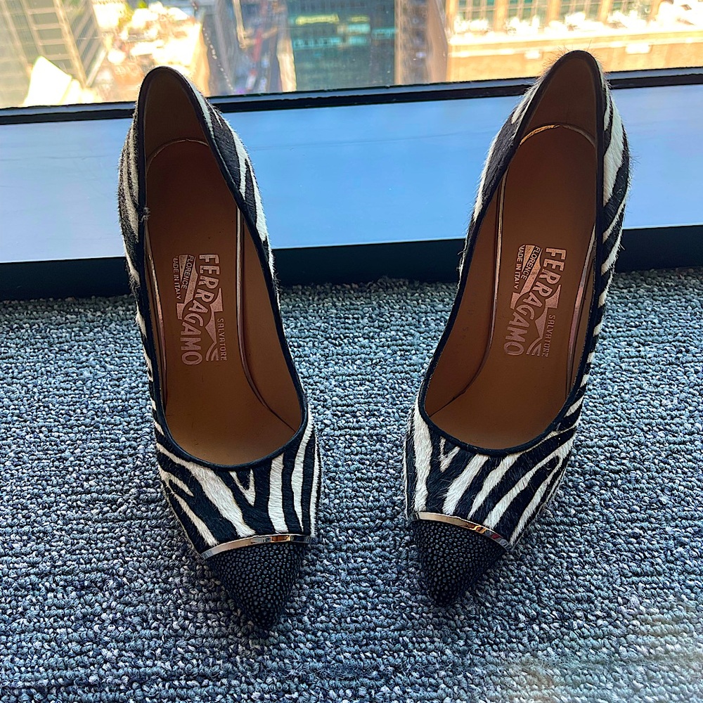 Authentic Ferragamo Zebra Heels. Only worn in the office. Heels immaculate.